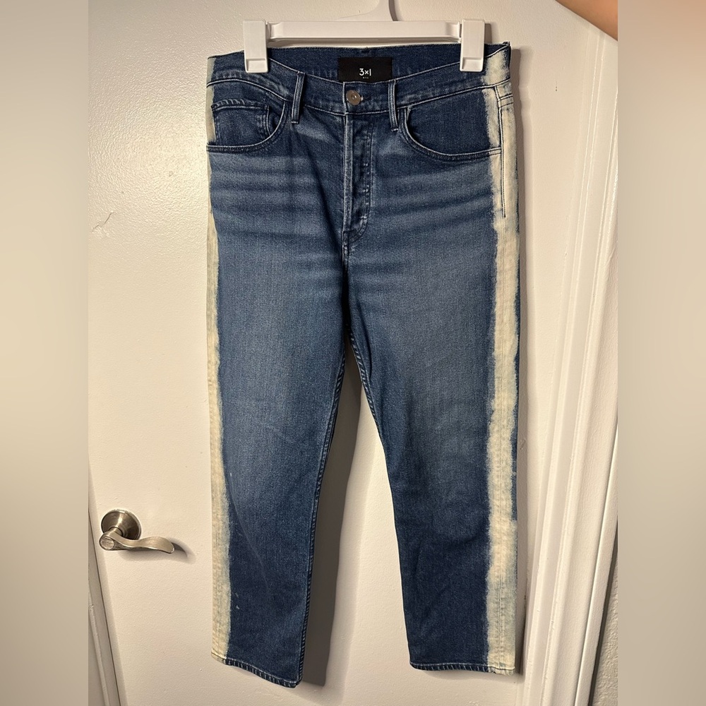 3x1 High Rise Dark Blue Denim Jeans with Paint Stripe Detail